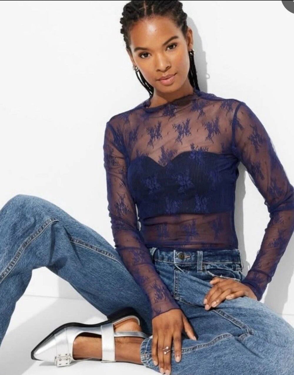 Wild Fable Long Sleeve Mock Turtleneck Lace Shirt Blue Women's XXS
